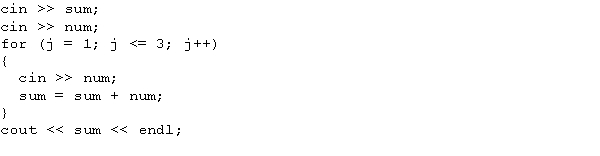 Suppose sum, num, and j are int variables, and the input is 4 7 12 9 -1. What is the output of the following code?   A)  24 B)  25 C)  41 D)  42