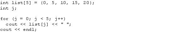 What is the output of the following C++ code?   A)  0 1 2 3 4 B)  0 5 10 15 C)  0 5 10 15 20 D)  5 10 15 20