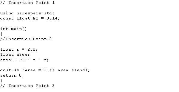 Consider the following code. In this code, where does the include statement belong?   A)  Insertion Point 1 B)  Insertion Point 2 C)  Insertion Point 3 D)  Anywhere in the program