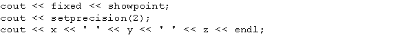 Suppose that x = 25.67, y = 356.876, and z = 7623.9674.What is the output of the following statements?   A)  25.67 356.87 7623.96 B)  25.67 356.87 7623.97 C)  25.67 356.88 7623.97 D)  25.67 356.876 7623.967