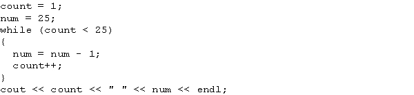 What is the output of the following C++ code?   A)  24 0 B)  24 1 C)  25 0 D)  25 1