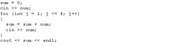 Suppose j, sum, and num are int variables, and the input is 26 34 61 4 -1.What is the output of the code?   A)  124 B)  125 C)  126 D)  127