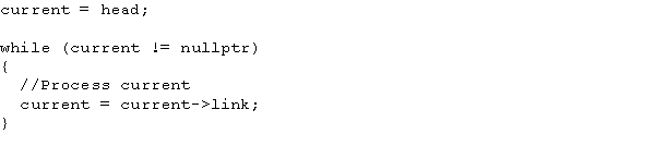 What is the purpose of the following code?   A)  Insertion of a node B)  Selection of a node C)  Traversal of a linked list D)  Creation of a new list