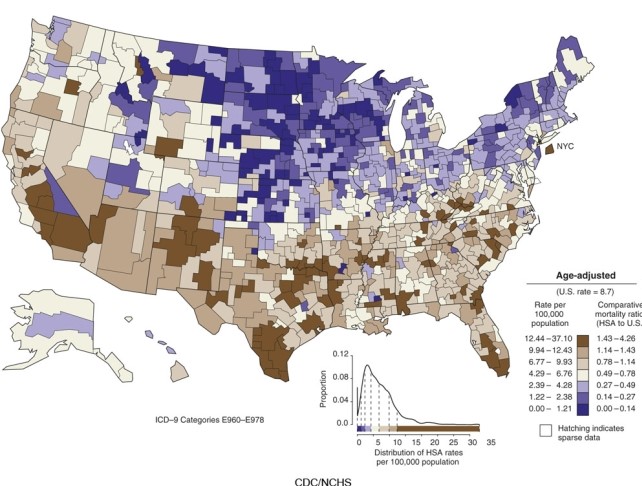 A map of the type shown where numerically classed shaded areas display patterns is called   A) a contour map. B) an isoline map. C) a choropleth map. D) a cartogram.