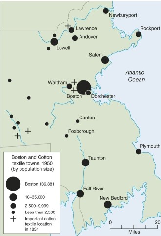 In this figure, the principle of place similarity is shown where   A) all textile manufacturers are located in the city of Boston. B) all textile manufacturers are located near the shoreline of the Atlantic. C) all textile manufacturers are located at a stream or water source. D) all textile manufacturers are located near automobile factories.