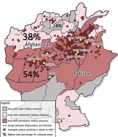 The map of Afghanistan and Pakistan best correlates which two themes?   A) The relationship between Hindus and Muslims. B) The relationship between Taliban people and insurgent attacks. C) The dependence of Afghans on poppy production for heroin. D) The intensity of Pakistan's friendliness with the Afghans.
