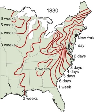 The line maps of travel times across the U.S.during two time periods show that   A) It took about the same amount of time to travel to California in both time periods from New York City. B) New York to Ohio took 1 week in 1830 whereas in 1857 it only took 1 day. C) It only took two weeks to travel to Alaska in 1830 while it took 1 week in 1857. D) such maps are not useful for showing travel times.