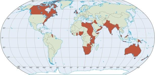 In the figure, what common criteria for a formal (uniform)  region links all the areas colored in orange?   A) all are developed and industrialized areas. B) all are agricultural areas with little industry. C) all have common tastes in diet-mainly being influenced by the Mediterranean. D) all are former British colonies or having significant British influence.