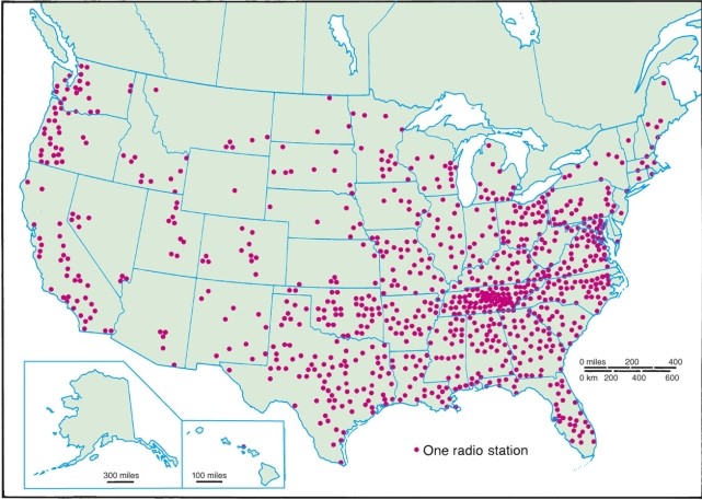 Though the map of country music stations shows patterns using dots for individual stations, one can surmise from this map that a country music region might be located mainly in   A) Nevada. B) Tennessee. C) Georgia. D) South Carolina.
