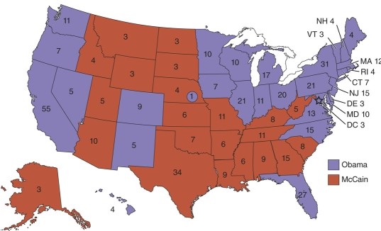 In the 2008 election map, coastal areas tend to   A) exhibit more democratic traits. B) favor McCain. C) be mixed in party preferences. D) show no discernible pattern, politically.