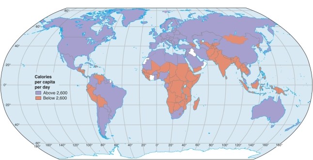 According to Marxist theory, the map of calories per capita per day shows that   A) there is not enough food in the world for everyone. B) the problem is not lack of food, rather the improper distribution of it. C) the food is only going to last if we grow crops somewhere else (like in space) . D) the superstructure of the map points to an infrastructure we cannot easily understand.