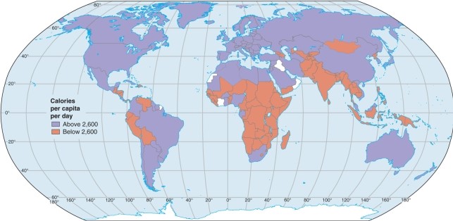 According to the map of calories per capita per day shows that   A) lower caloric intake in the Americas overall. B) higher caloric intake in Southern Asia overall. C) lower caloric intake in Europe and Russia overall. D) lower caloric intake in Africa and parts of Asia.