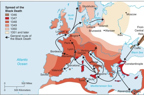 According to the map, the Black Death (the Bubonic Plague)  originated   A) in central Asia. B) in the eastern Mediterranean Sea area. C) in central Europe. D) in the Baltic Sea area.