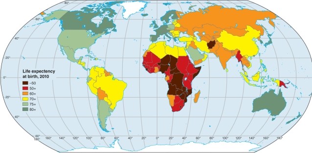 In the map of life expectancies, Japan exhibits   A) characteristics of a country with low expectancy. B) traits in common with Western Europe. C) a pattern that is not like that of the United States. D) traits in common with central Africa.