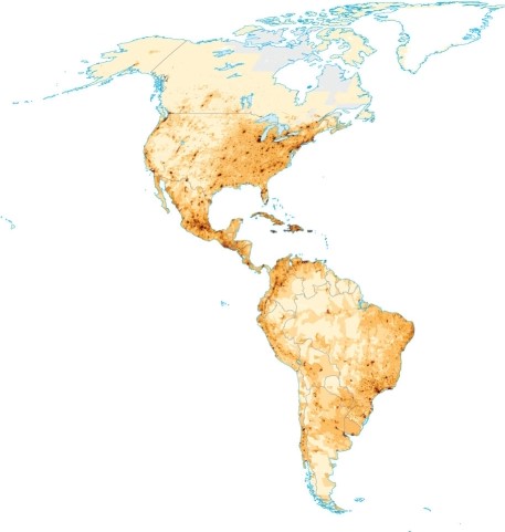 Based on the figure, the population of Brazil today can be described as   A) equally spread throughout the country. B) clustered mainly around the capital of Brasilia. C) tightly arranged along the coasts in an ex-colonial pattern. D) moving rapidly into the Amazon rainforest as it is cleared for soy farming.