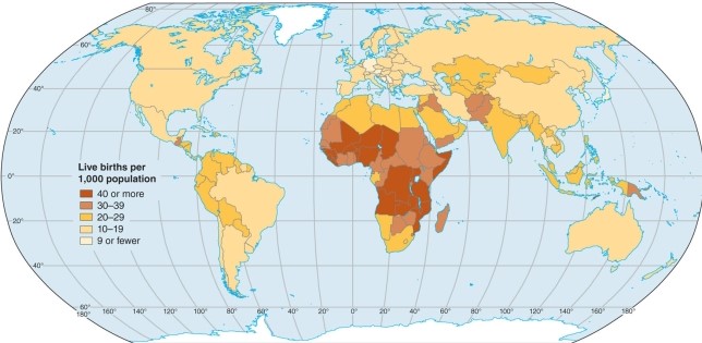 Within the crude birth rates map, the lowest rates are in   A) central Africa. B) central Europe. C) central America. D) central Asia.