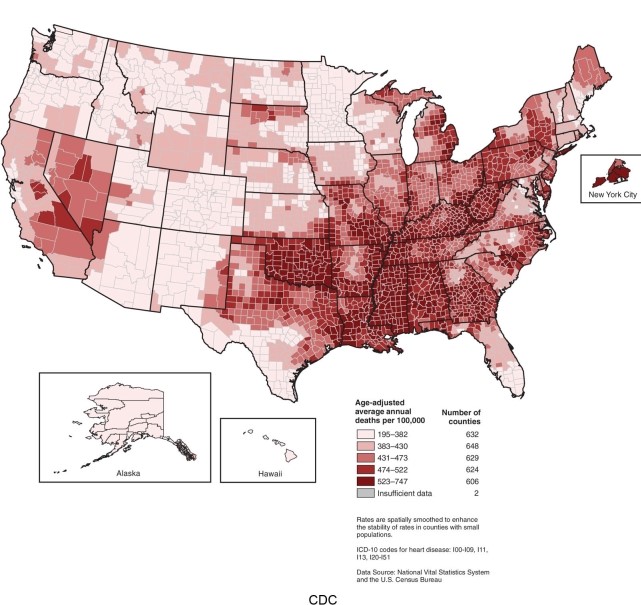 Based on the U.S.map of mortality rates for heart disease, one could say   A) that the rates are about the same all across the county. B) that the rates seem higher in coastal regions to the east and west. C) that the rates are higher in the deep south to southern Great Plains. D) that the rates are higher in dominantly Roman Catholic and Mormon areas.
