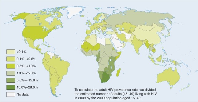 The map of HIV/AIDS shows the greatest prevalence of the disease in   A) North America (among homosexuals) . B) North Africa and the Middle East (among Islamic harems) . C) China (in one-child families) . D) Southern Africa (among heterosexuals) .