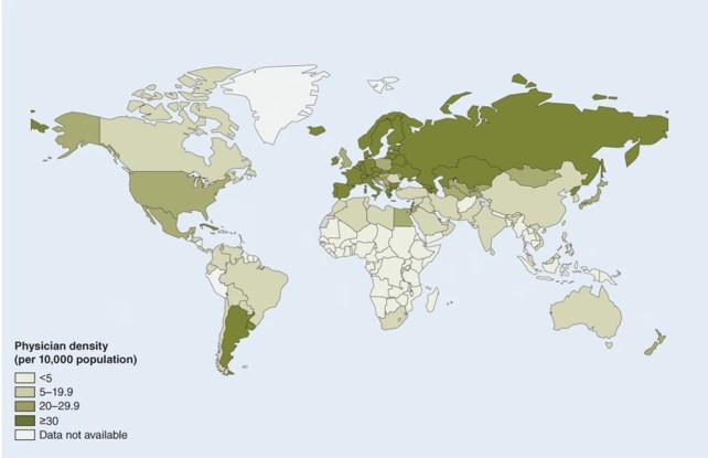 Which is true about the map of physicians per population?   A) more physicians per population are found generally in Africa. B) there are less than 5 physicians per every 10,000 people in Africa. C) Europe and Russia do not have an abundance of physicians. D) South America is no better off than Africa in availability of physicians.