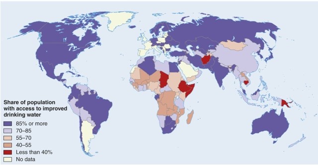 Evaluating the map of access to safe drinking water which is not true?   A) The U.S., Russia, Australia, and Brazil have good access. B) Central Africa has poor access to quality water. C) Developed countries generally have poor access to good water. D) China's access to safe water is not as good as Russia's.