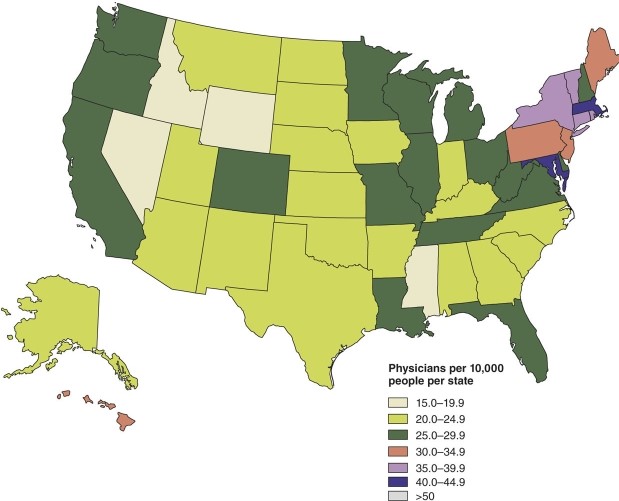 The map of density of physicians in the United States   A) seems to match overall population density. B) is highest in the inter-mountain west. C) is very low in places like Maryland and Massachusetts. D) is about the same in Texas as it is in Vermont.