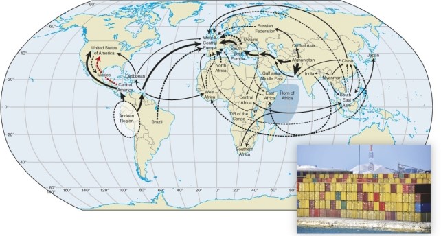 In the map and figures related to human trafficking we see that people are often moved internationally by what means?   A) automobile B) airplane C) cargo container D) large dirigibles