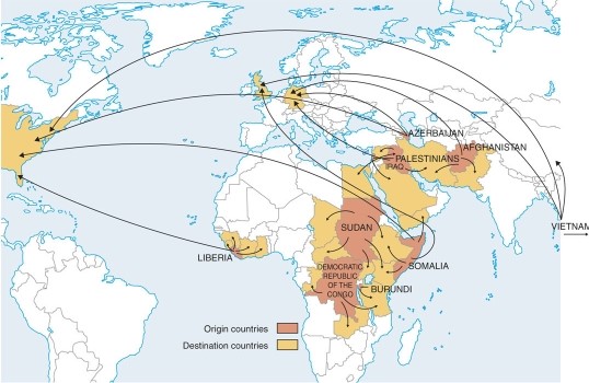 The map of major refugee movements shows main refugee problems in   A) Bolivia and Paraguay in South America. B) Australia and New Zealand in Oceania. C) Mongolia and Russian in Siberia. D) Sudan and Democratic Republic of Congo in Africa.