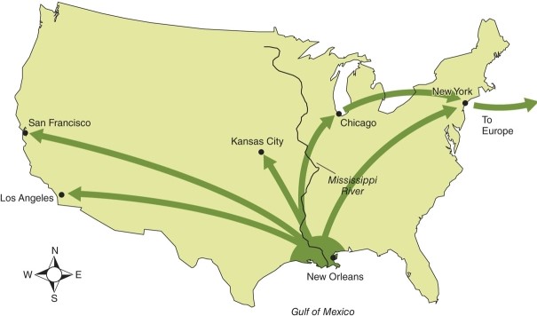 Based on the figure, the core or origin of jazz music is   A) Kansas City. B) New Orleans. C) New York City. D) Los Angeles California.