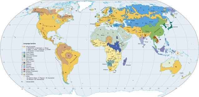 The map of language families shows that Madagascar is unique in language family because   A) it belongs to the Niger-Congo family, an African family. B) it belongs to Dravidian, an Indian family. C) it belongs to Indo-European from colonial times. D) it belongs to Malayo-Polynesian far eastward.