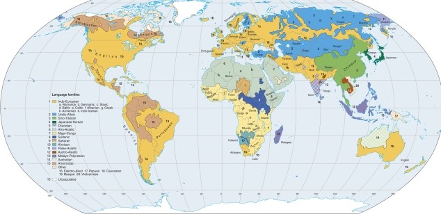 Examining the Indo-European family pattern on the map of language families shows   A) a 'ribbon' of the family (Russian)  extending eastward through north Asia. B) a divided Europe and South Asia pattern showing two different original migration paths. C) much colonial European influence throughout the world. D) all of the above. 