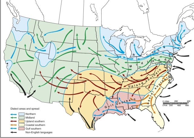 The map of dialect migrations in the United States portrays   A) one main large dialect region of English speech. B) two main large dialect regions of English with French mixed in. C) five main regions based on migration from eastern ports historically. D) eight very complex regions based on three main language families.