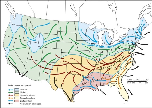 Interestingly, the populated region of northern Utah according to the map of dialect migration regions in the United States is   A) mainly Northern in speech dialect like from Massachusetts and upstate New York. B) mainly Coastal southern as Mormons migrated mainly from the Carolinas. C) mainly Upland Southern with folk from Virginia and Kentucky. D) mainly mainstream Midland of Ohio and Indiana peoples.