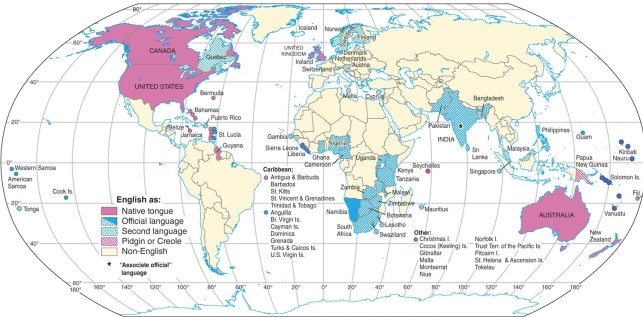 According to the map of global English use, Quebec in Canada shows   A) English as a native tongue. B) English as a not native. C) English as a second language. D) English as an official language.