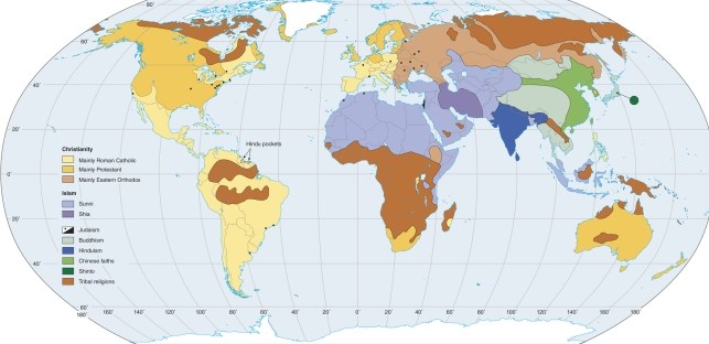 According to the map of the world's religions, Hinduism is   A) widespread throughout Asia. B) relegated today to the countries of Indonesia and Malaysia. C) the most widespread in China. D) found mainly in India.