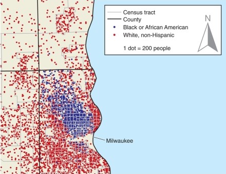 The map of ethnicity in Milwaukee emphasizes   A) a nearly complete assimilation of one culture into another. B) the persistent segregation (separation)  geographically of two cultures. C) that acculturation has been completed with most of the African Americans in the city. D) all of the above. 