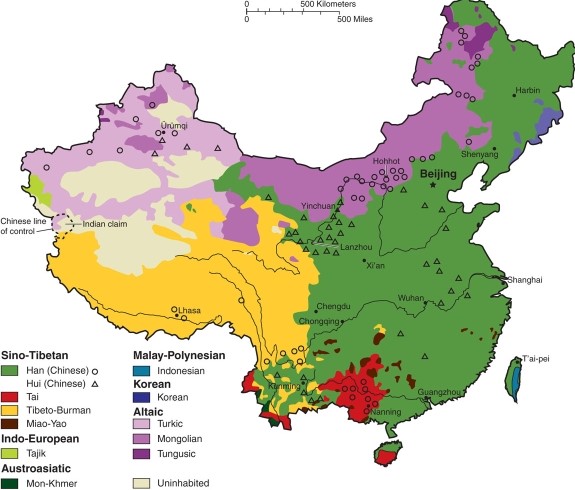 The map of ethnolinguistic regions of China   A) is fairly uniform. B) is broadly diverse with some dominant regions. C) has no regional distinctions. D) has at least twenty different colored, shaded categories.