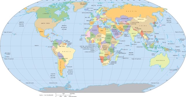 <strong>On the map of world political units, different colors in land areas represent </strong> A)different sovereign states. B)different high density population regions. C)different industrial concentrations. D)different cultural and language types.