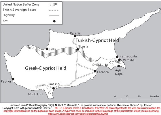 <strong>The map of the island of Cyprus shows </strong> A)the northern part is Turkish, ethnically. B)the island is unified ethnically. C)the central portion is controlled by NATO. D)all of the island as a Greek colony. Scrambling: Locked