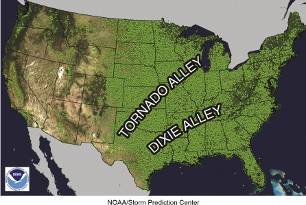 Each green dot on the tornado map represents   A) a house destroyed by a tornado. B) a yard (grass)  damaged by a tornado. C) millions of dollars of damage caused by a tornado. D) where one tornado touched down in the United States.