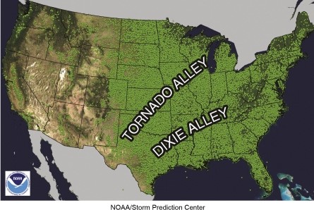 On the tornado map, 'tornado alley' is generally   A) found along the east coast of the United States. B) found more in Colorado and Wyoming than in the US South. C) more prevalent west of the Rocky Mountain range. D) in the southern Great Plains.