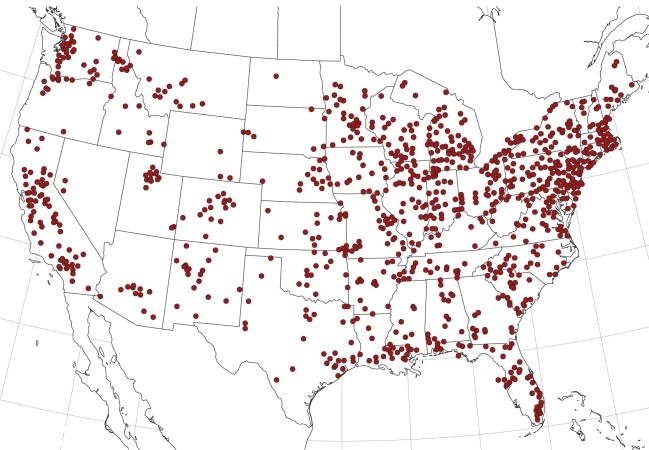 On the map of hazardous waste sites in the U.S.one generally sees a correlation between those sites and   A) mountainous areas. B) coastal regions. C) areas of greater population density. D) none of the above. 