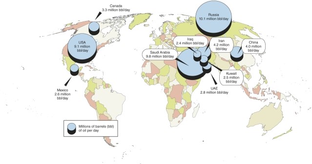 <strong>Which country has the greatest production of crude oil according to the map? </strong> A)United States B)Russia C)Saudi Arabia D)China