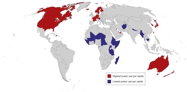 According to the map, the highest per capita power use regions are   A) in Central and South America. B) in North America, Europe, and Australia. C) in the Middle East and North Africa. D) in central African countries.