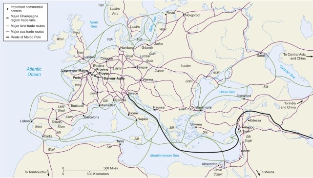 On the map of trade routes in the Middle Ages the green lines signify ____________ while the purple lines are __________________.   A) political boundaries;cultural watersheds B) mountainous physical boundaries;railroads C) sea routes;land routes D) German roads;Roman roads