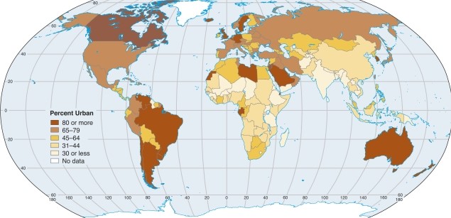 On the map of world urban percentages, the darkest brown color (at the top of the map legend)  represents   A) the highest percentage urban. B) the dirtiest cities. C) generally lower percentages. D) regions with the largest cities.