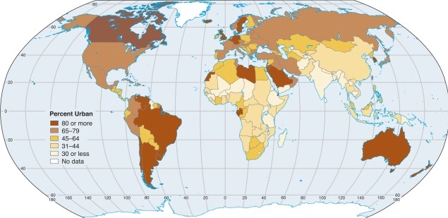 Though India is large with a large population (world's second largest)  its percent urban population is   A) in the lowest colored category on this map. B) lower than one would expect considering overall development there. C) about the same as that of Europe. D) both a and b are true. 