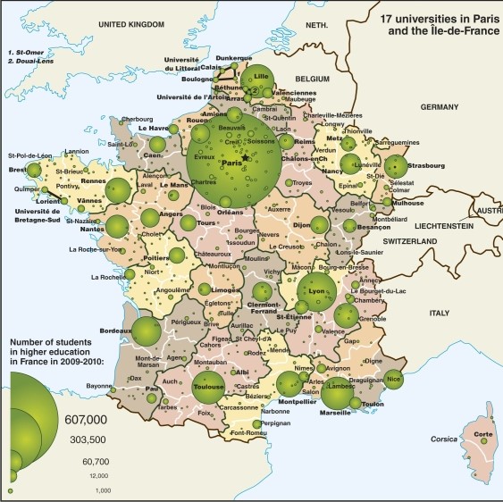 The urban population map of France shows that   A) many cities are equally important culturally and economically in the country. B) no one city is dominant in France. C) the main city in influence, without doubt, is Paris. D) Marseilles and Lyon together just about equal Paris in strength and influence.