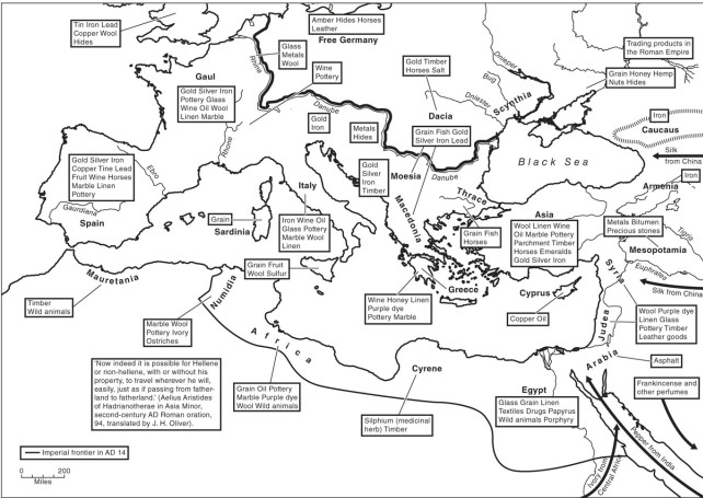 On the map of the economy of the Roman Empire, items coming from Spain included   A) gold, silver, and wine. B) iron, glass, and marble. C) honey, linen, and dye. D) pottery, timber, and emeralds.