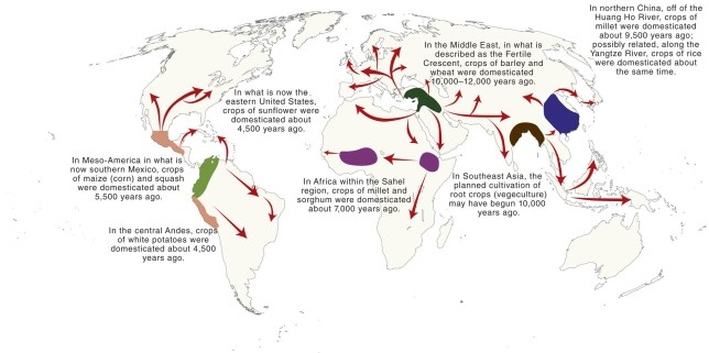 <strong>According to the map of the origins of agriculture, which was NOT an origin or hearth? </strong> A)the Middle East Fertile Crescent B)northwest Africa C)the current population core of the northeast U.S. D)eastern India and Bangladesh