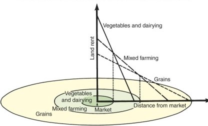 <strong>Agriculture land use according to Von Thunen, in the traditional model, consists of </strong> A)vegetables and dairying toward the market. B)grains farthest away from the market. C)mixed farming between grains and dairying. D)all of the above. Scrambling: Locked